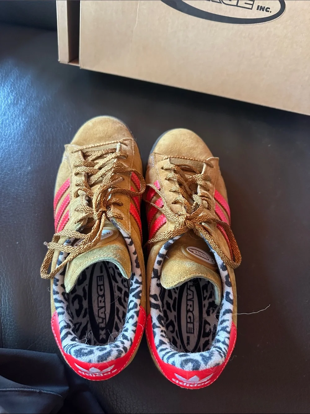 adidas Brown Suede Sneakers with Red Stripes and Leopard Lining